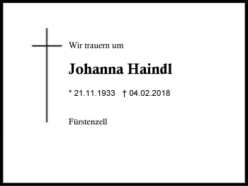 Traueranzeige von Johanna Haindl von Region Berchtesgadener Land