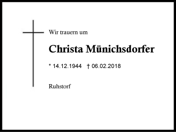 Traueranzeige von Christa Münichsdorfer von Region Berchtesgadener Land