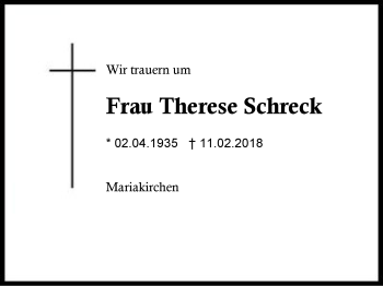Traueranzeige von Therese Schreck von Region Berchtesgadener Land