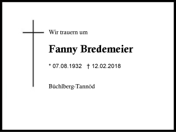 Traueranzeige von Fanny Bredemeier von Region Berchtesgadener Land