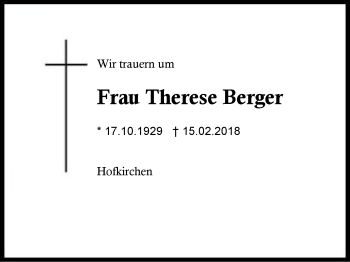 Traueranzeige von Therese Berger von Region Berchtesgadener Land