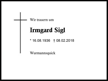 Traueranzeige von Irmgard Sigl von Region Berchtesgadener Land