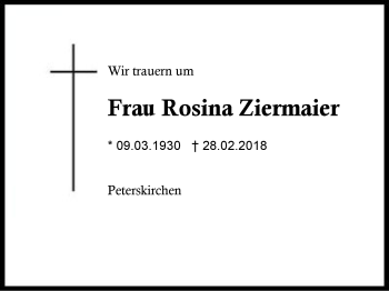 Traueranzeige von Rosina Ziermaier von Region Berchtesgadener Land