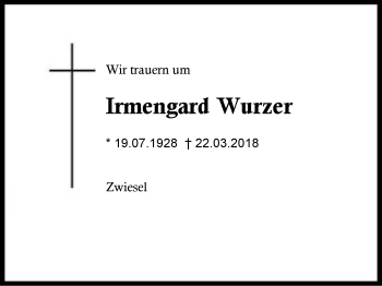 Traueranzeige von Irmengard Wurzer von Region Berchtesgadener Land