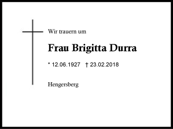 Traueranzeige von Brigitta Durra von Region Berchtesgadener Land