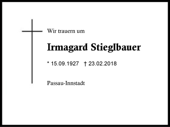 Traueranzeige von Irmagard Stieglbauer von Region Berchtesgadener Land