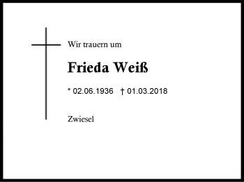 Traueranzeige von Frieda Weiß von Region Berchtesgadener Land