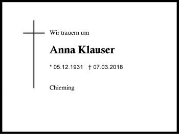 Traueranzeige von Anna Klauser von Region Chiemgau