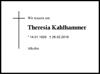 Traueranzeige von Theresia Kahlhammer von Region Berchtesgadener Land