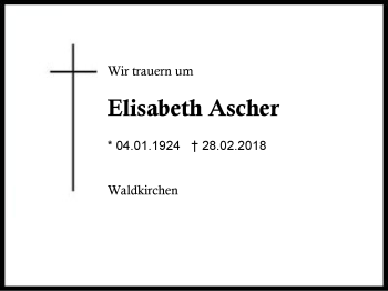 Traueranzeige von Elisabeth Ascher von Region Berchtesgadener Land