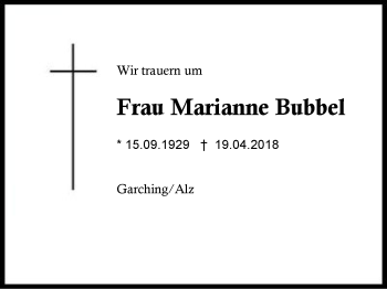 Traueranzeige von Marianne Bubbel von Region Berchtesgadener Land