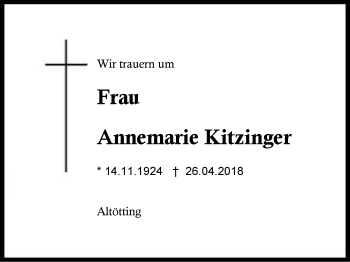 Traueranzeige von Annemarie Kitzinger von Region Berchtesgadener Land