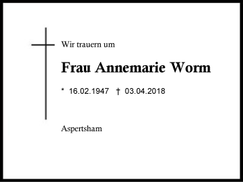 Traueranzeige von Annemarie Worm von Region Berchtesgadener Land