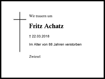 Traueranzeige von Fritz Achatz von Region Berchtesgadener Land