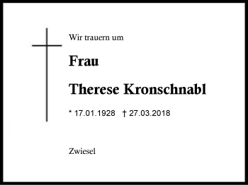 Traueranzeige von Therese Kronschnabl von Region Berchtesgadener Land