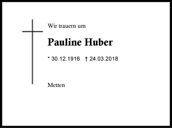 Traueranzeige von Pauline Huber von Region Berchtesgadener Land