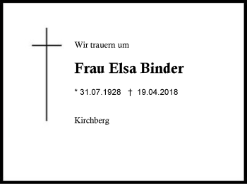 Traueranzeige von Elsa Binder von Region Berchtesgadener Land
