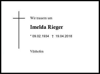 Traueranzeige von Imelda Rieger von Region Berchtesgadener Land