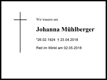 Traueranzeige von Johanna  Mühlberger von Region Chiemgau