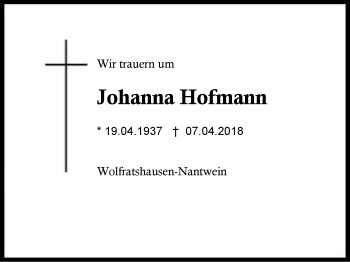 Traueranzeige von Johanna Hofmann von Region Berchtesgadener Land