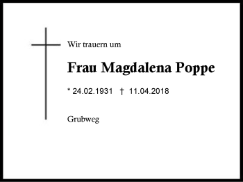 Traueranzeige von Magdalena Poppe von Region Berchtesgadener Land