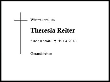 Traueranzeige von Theresia Reiter von Region Berchtesgadener Land