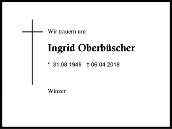 Traueranzeige von Ingrid Oberbüscher von Region Berchtesgadener Land