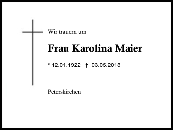 Traueranzeige von Karolina Maier von Region Berchtesgadener Land