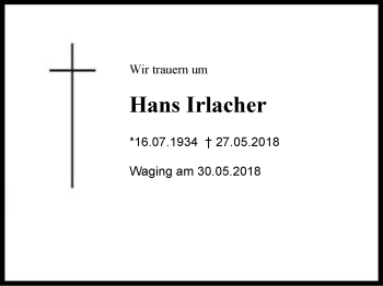 Traueranzeige von Hans Irlacher von Region Chiemgau