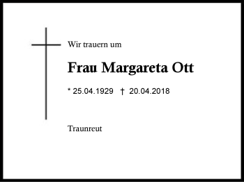 Traueranzeige von Margareta Ott von Region Berchtesgadener Land