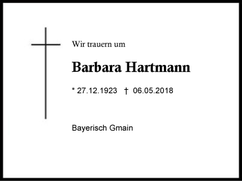 Traueranzeige von Barbara Hartmann von Region Berchtesgadener Land