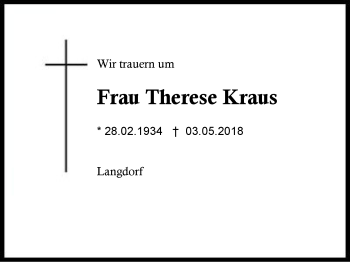 Traueranzeige von Therese Kraus von Region Berchtesgadener Land