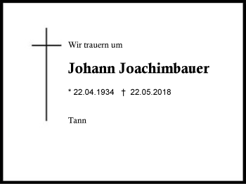 Traueranzeige von Johann Joachimbauer von Region Berchtesgadener Land