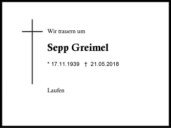 Traueranzeige von Sepp Greimel von Region Berchtesgadener Land