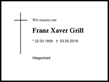 Traueranzeige von Franz Xaver Grill von Region Berchtesgadener Land