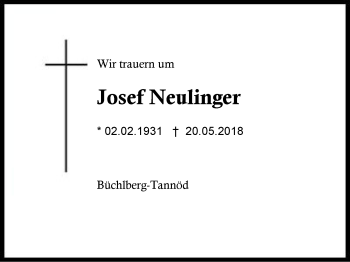 Traueranzeige von Josef Neulinger von Region Berchtesgadener Land