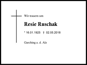 Traueranzeige von Resie Ruschak von Region Berchtesgadener Land