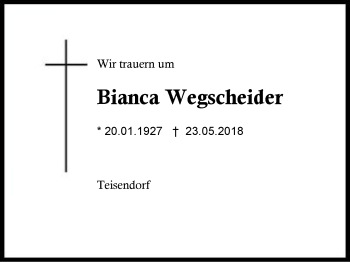 Traueranzeige von Bianca Wegscheider von Region Berchtesgadener Land