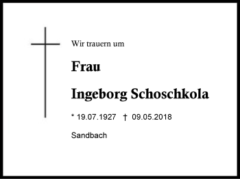 Traueranzeige von Ingeborg Schoschkola von Region Berchtesgadener Land