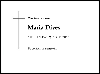 Traueranzeige von Maria Dives von Region Berchtesgadener Land