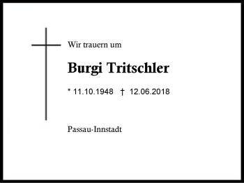 Traueranzeige von Burgi Tritschler von Region Berchtesgadener Land