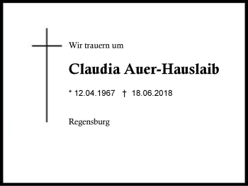 Traueranzeige von Claudia Auer-Hauslaib von Region Berchtesgadener Land