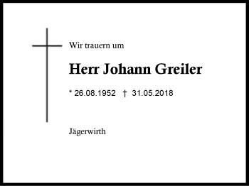 Traueranzeige von Johann Greiler von Region Berchtesgadener Land