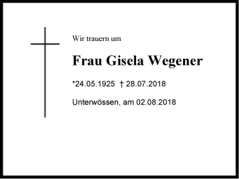 Traueranzeige von Gisela Wegener von Region Chiemgau