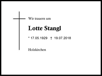 Traueranzeige von Lotte Stangl von Region Berchtesgadener Land