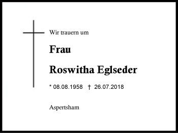 Traueranzeige von Roswitha Eglseder von Region Berchtesgadener Land