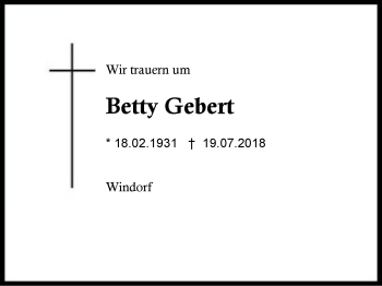 Traueranzeige von Betty Gebert von Region Berchtesgadener Land