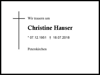 Traueranzeige von Christine Hauser von Region Berchtesgadener Land