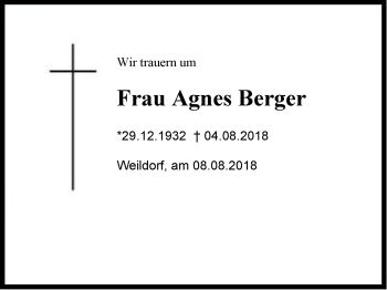 Traueranzeige von Agnes Berger von Region Berchtesgadener Land