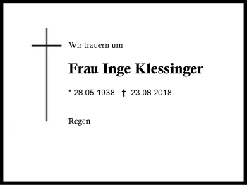 Traueranzeige von Inge Klessinger von Region Berchtesgadener Land